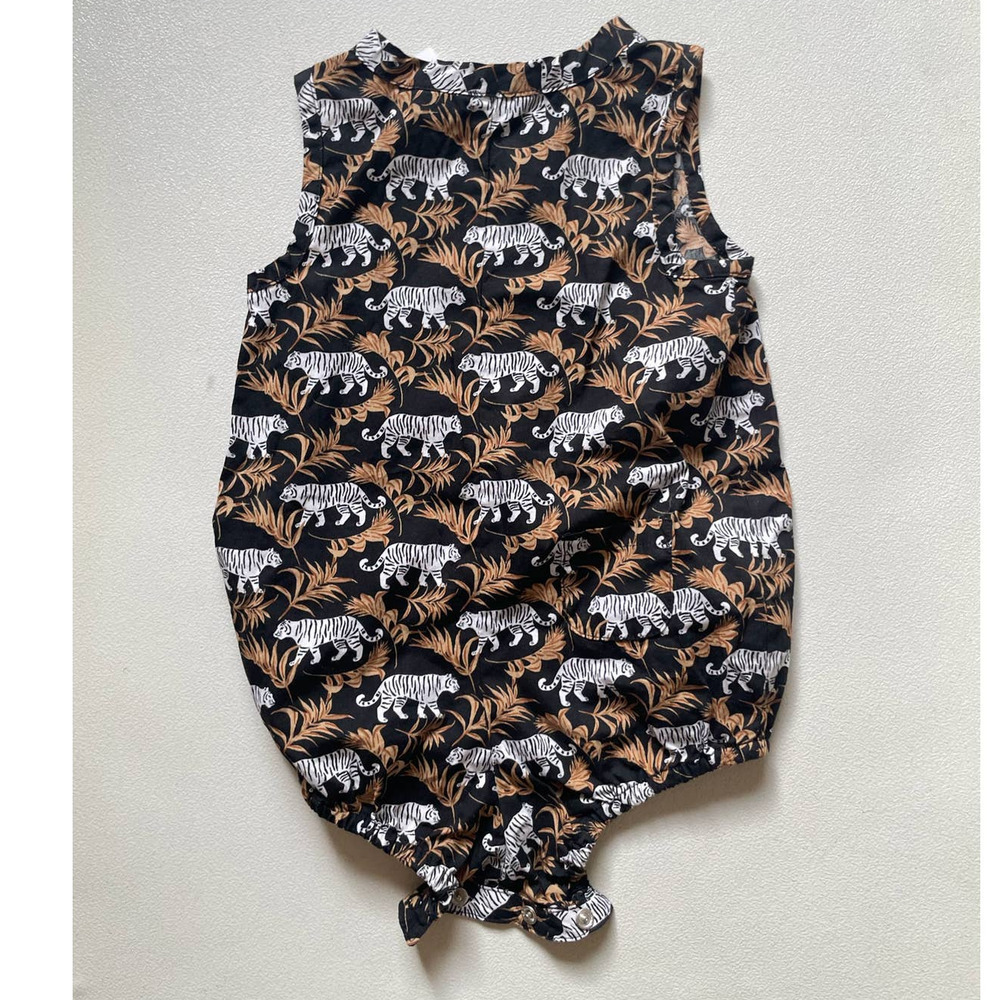 Janie and Jack Black Romper with White Tiger and Tan Leaf Print